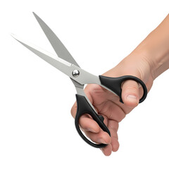 Hand holding sharp kitchen scissors with black handles
