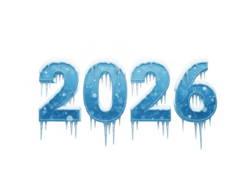 Frozen icy numbers 2026 with icicles isolated on transparent background
