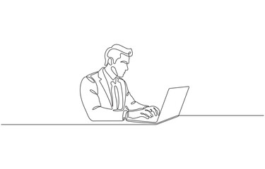 Continuous one line drawing of businessman holding and typing laptop in his hand, Portrait of a working man at a computer laptop, Single line Vector illustration.
