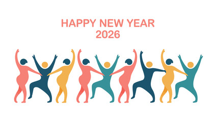 New Year Celebration: A vibrant, colorful illustration captures the joyous spirit of a new year, with abstract figures holding hands and dancing, embodying unity and optimism for the upcoming year.