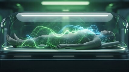 Fototapeta premium Futuristic medical pod healing human body with green energy