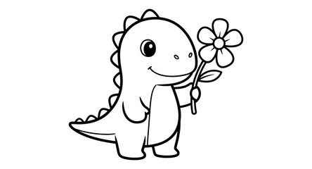 Obraz premium Cute dinosaur holding a flower in black and white outline for coloring