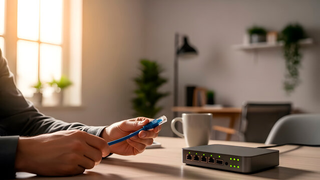 Man holding ethernet cable near network switch on a wooden desk with a window in the background, concept for internet connection.