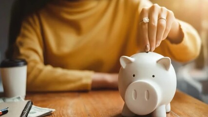 Coin Investment in Piggy Bank: A person carefully places a coin into a piggy bank, symbolizing savings and financial planning. - Powered by Adobe