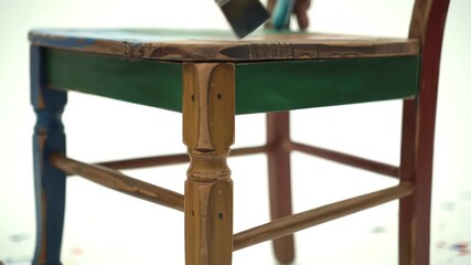 Close up of a person painting a vintage wooden chair with a brush in a studio setting, applying colorful paint to the seat and legs during a furniture restoration project