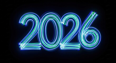 2026 neon light sign with glowing blue and green digits on dark background
