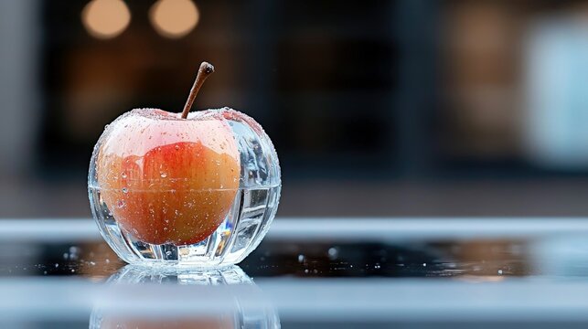 A close-up shot of an apple inside a glass bowl filled with water, with water droplets on the surface, set outdoors with blurred background and dramatic lightin