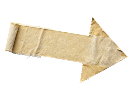 Torn rough brown paper arrow pointing right with frayed edges and rolled end for directional messages and pointers on any surface