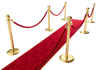 Luxurious red carpet with gold stanchions and velvet ropes, creating an exclusive and glamorous entrance for VIP events, award ceremonies, and celebrity arrivals.