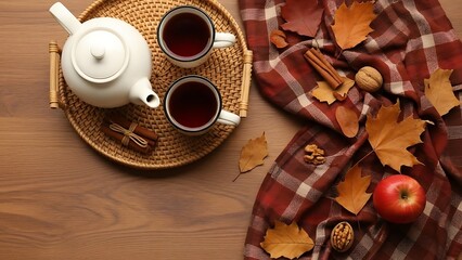 Cozy autumn tea time with plaid blanket and fall leaves