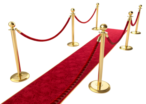 Luxurious red carpet with gold stanchions and velvet ropes, creating an exclusive and glamorous entrance for VIP events, award ceremonies, and celebrity arrivals.