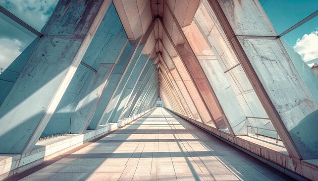 A long corridor with a geometric design and natural light, creating a perspective view. The structure is made of concrete and glass, with a modern architectural