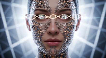 Close up of a human face with futuristic digital circuit patterns and dna helix overlay