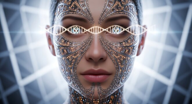 Close up of a human face with futuristic digital circuit patterns and dna helix overlay