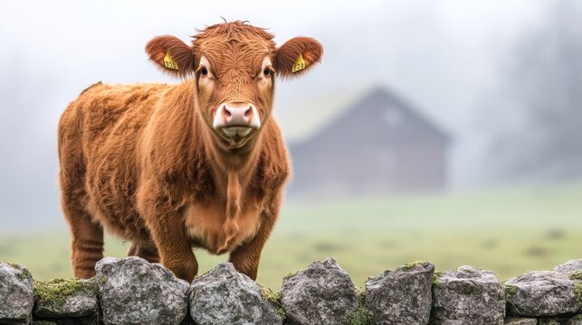 Red Devon Cow Grazing on Lush Green Grass in a Misty Field Near a Rustic Barn on a Foggy Day
