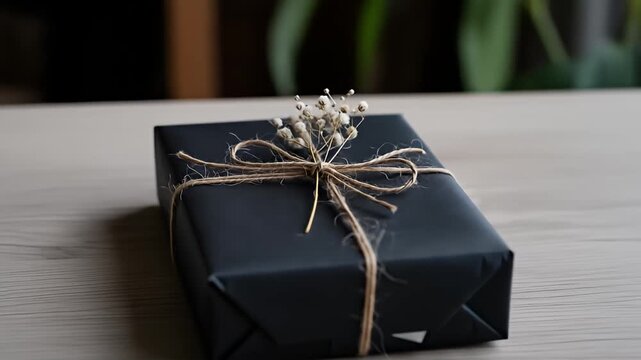 A beautifully wrapped black gift box with a rustic twine bow and dried flowers, perfect for any special occasion.