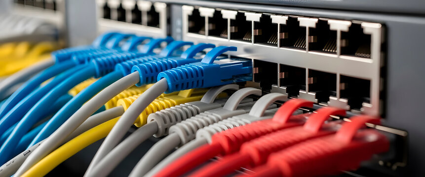 Many colorful ethernet cables connected to network switch. Close up of networking equipment for data communication and internet connection. - Powered by Adobe