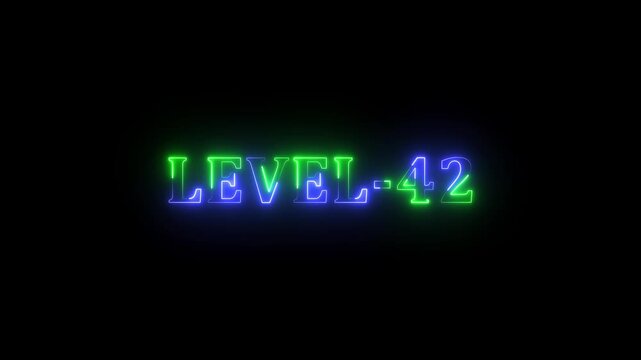 Level -42 blue and green neon bright text font colorful motion animation. Ideal for futuristic game intros animation. Neon level 42 up sing on black background.
