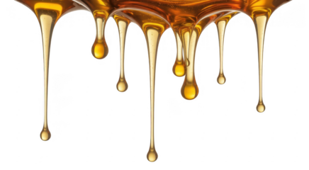 Golden honey dripping in viscous strands and droplets against black isolated on a transparent background