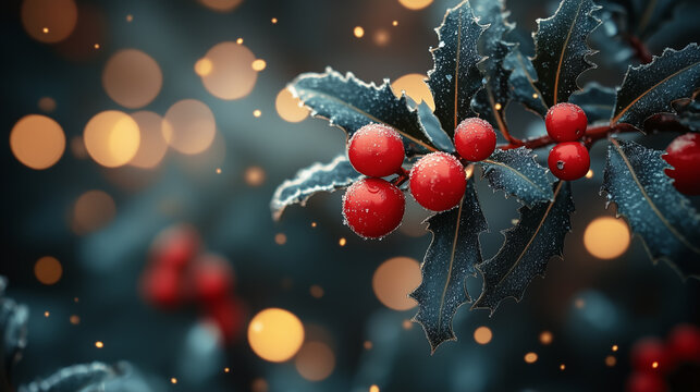holly leaves with red berries on a green background. - Powered by Adobe
