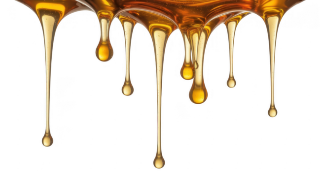 Golden honey dripping in viscous strands and droplets against black isolated on a transparent background