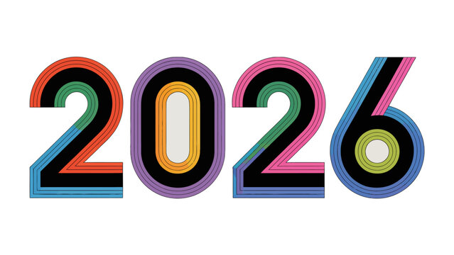 Year 2026 Typography: Bold and colorful typography features the year 2026, creatively presented with vibrant hues, symbolizing the future