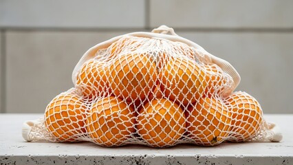 Fresh oranges in an eco-friendly reusable mesh net bag for sustainable shopping