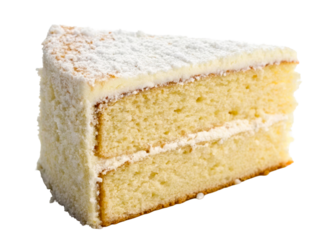 Slice of fluffy vanilla layer cake with white cream frosting and textured topping suitable for bakery menus and birthday party celebrations or sweet dessert advertisements