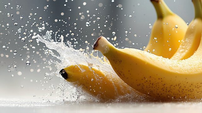 Close-up shot of bananas splashing in water, creating droplets. The image conveys freshness and vitality.
