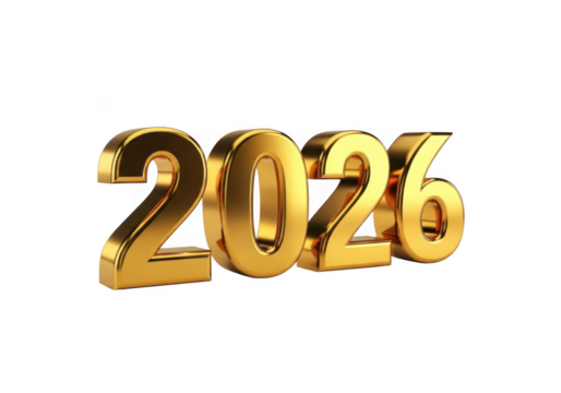Golden 3d numbers 2026 isolated on transparent background