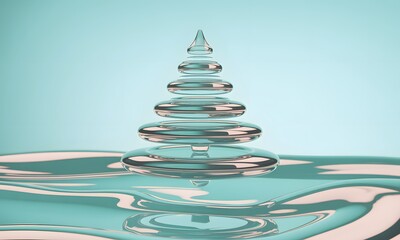 Stunning abstract glass Christmas tree on liquid waves against a light blue backdrop creates a serene festive scene for holiday promotions and modern designs