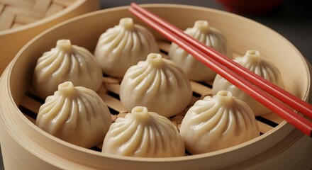 Delicious xiao long bao steamed to perfection in a bamboo basket, ready to be enjoyed with chopsticks for a satisfying Asian culinary experience