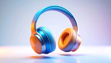 Isolated stereo headphones and audio equipment on white or blue backgrounds for listening to music and sound technology