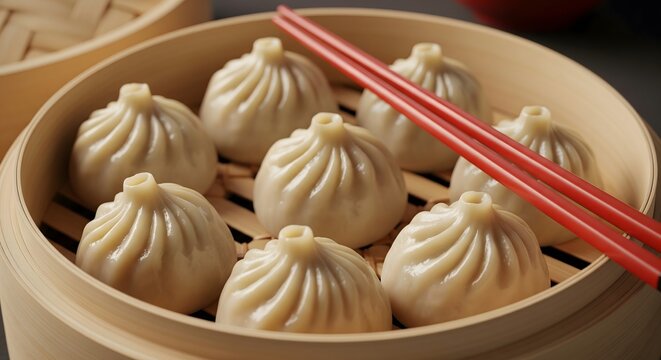 Delicious xiao long bao steamed to perfection in a bamboo basket, ready to be enjoyed with chopsticks for a satisfying Asian culinary experience