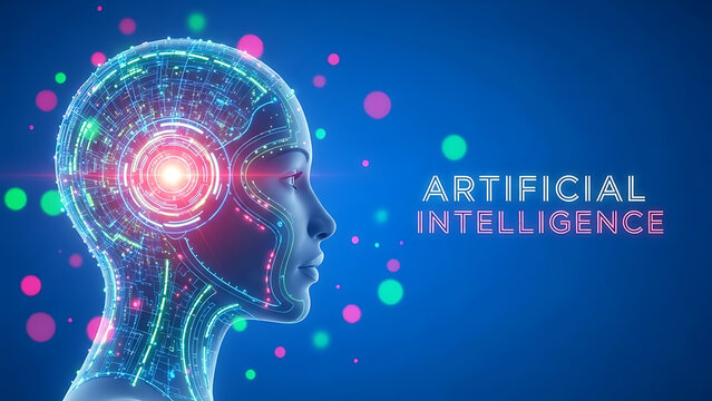 Abstract glowing artificial intelligence head with digital circuits and bokeh lights