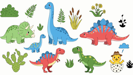Various cartoon dinosaurs in a prehistoric setting with different types of dinosaurs and elements like a cactus or bushes