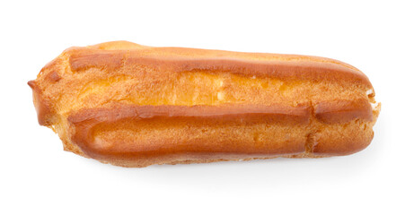 One tasty eclair isolated on white. Delicious dessert
