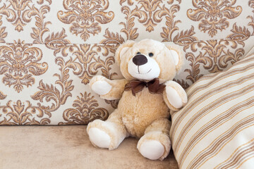 Brown teddy bear sitting on beige cozy sofa with pillows in the background.