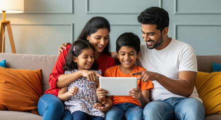 Happy Indian Family Enjoying Digital Content on Tablet