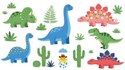 Adorable and Vibrant Collection of Cute Cartoon Dinosaurs with Cactus and Ferns, Ideal for Children's Designs