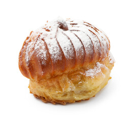 Tasty profiterole with powdered sugar isolated on white