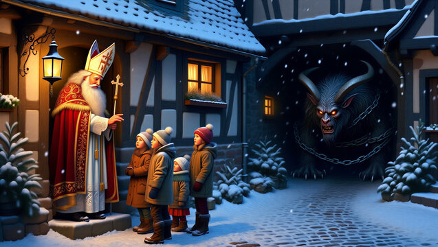 Saint nicholas dressed in traditional red robes greets three children in a snowy village street at dusk St. Nicholas Day - Powered by Adobe