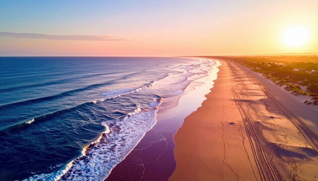 Aerial view of a beach at sunset. The ocean waves crash on the shore, and the sky is filled with golden light.