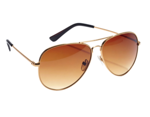 A pair of classic aviator sunglasses with a gold metallic frame and brown gradient lenses is presented at an angle on a transparent background.
