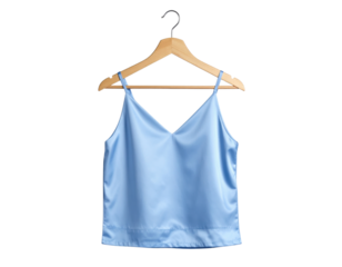 A silky light blue spaghetti strap camisole or tank top hangs neatly from a wooden coat hanger.