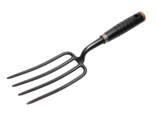 A vintage black metal four-pronged garden fork or digging fork with a dark wooden and metal handle.