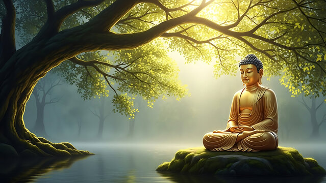 Golden buddha statue meditating peacefully under a large tree by a tranquil lake