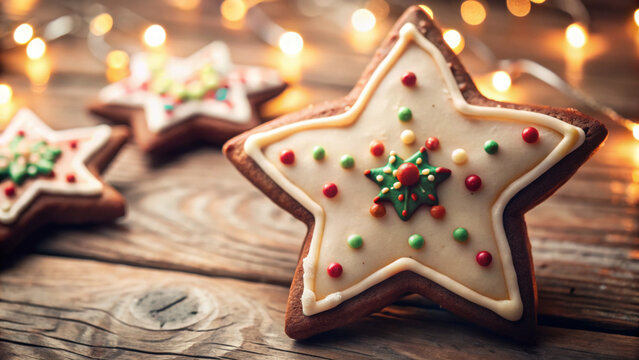 Christmas star dessert cookie with icing and colorful sprinkles on rustic wooden table festive lights in background create joyful holiday mood - Powered by Adobe
