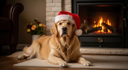 Golden retriever dog wearing a santa hat relaxing in front of a fireplace during the holiday season