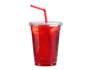 A clear plastic cup with a red carbonated or iced beverage is topped with a clear domed lid and a red bending straw on a transparent background.